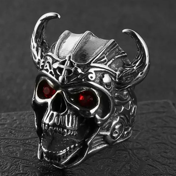 Men's Stainless Steel Gothic Vintage Red Eyes Skull Ring Knights Templar Helmet - Picture 3 of 7